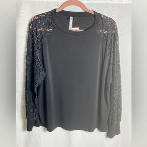 NY Collection Womens Black Lace Sleeve Long Sleeve Blouse Stretch Top 3X